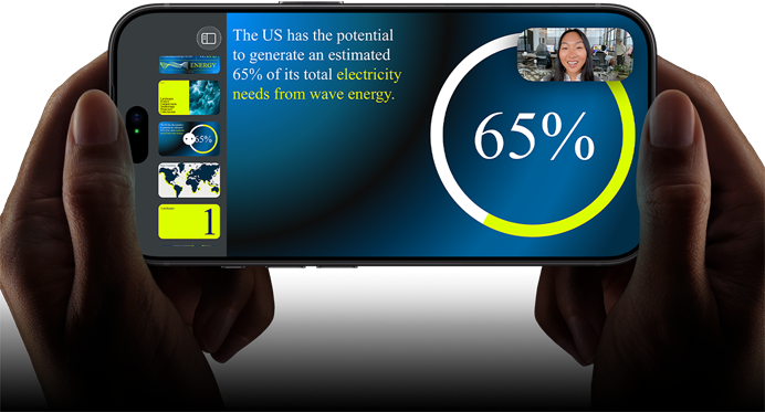 Horizontal video call demonstration of a keynote presentation on iPhone 18 Pro, Black