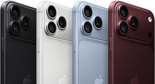 iPhone 18 Pro devices in a row, back exterior, all four colours: Black, Glacier, Silver, Burgundy, Pro Fusion camera system in top left corner, three lenses, microphone, flash