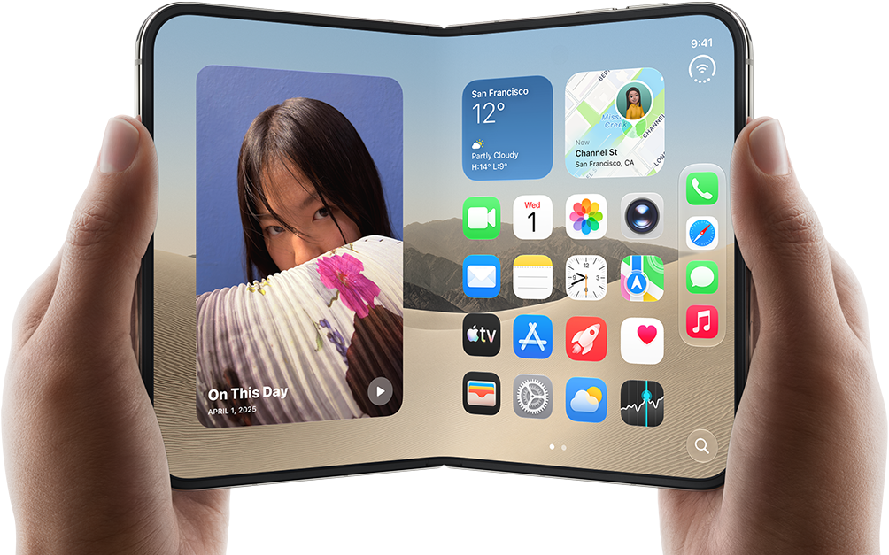 iPhone [V68], [L8] colour, held by two hands in landscape orientation, unfolded, interior screen displays photos on the left, apps on the right