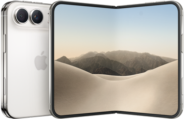 iPhone [V68], folded back exterior, [L8] colour, Dual Fusion camera system at top left, Apple logo in centre. Unfolded interior display, all-screen design, rounded corners