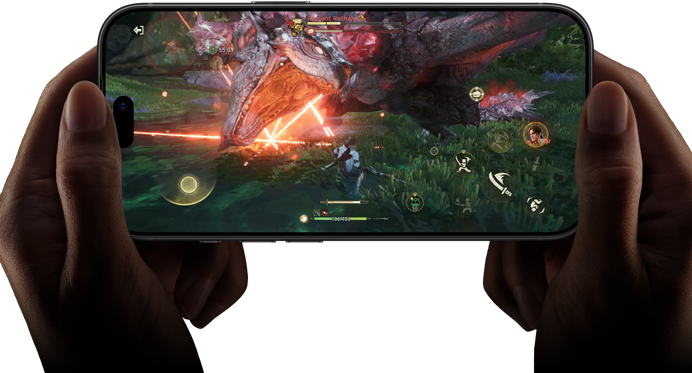 iPhone 18 Pro, front exterior, demonstrating the performance capabilities of the A20 Pro chip with a scene from the Monster Hunter Outlanders