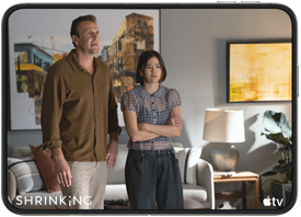 iPhone&nbsp;Duo, opened in horizontal position, Apple&nbsp;TV show “Shrinking” plays on screen